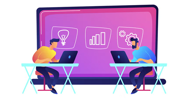 Illustration of two people working on laptops with business icons