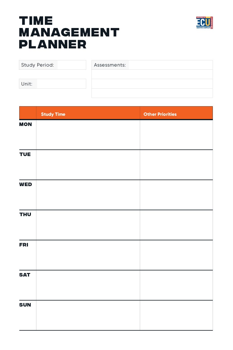 A Time Management Planner with sections for Study Time and Other Priorities