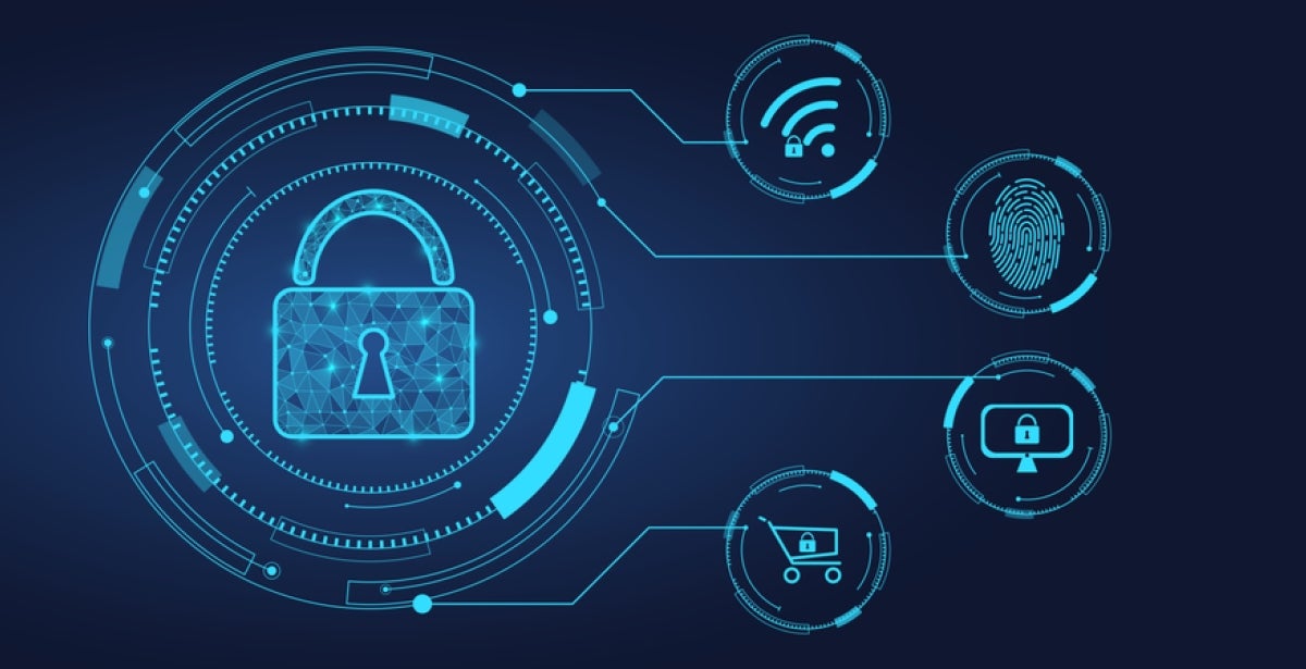 A graphic of a lock, thumb print, wi-fi icon and shopping cart.