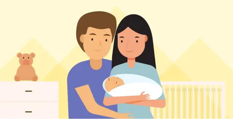 Illustrated image of smiling parents holding swaddled newborn baby in yellow nursery with crib and teddy bear