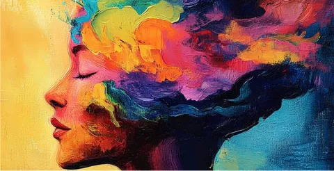 Vibrant artistic illustration of woman's profile with colorful flowing hair