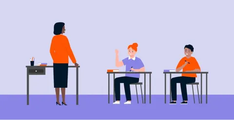 Illustration of teacher in orange sweater standing at desk with two students in purple and orange shirts sitting at desks in classroom with purple floor