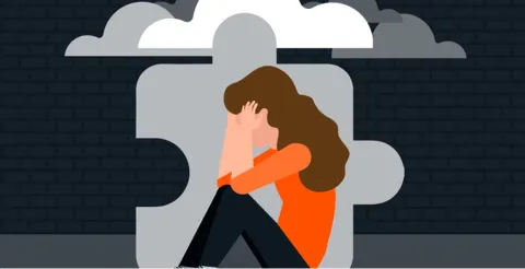 Illustration of person sitting against puzzle piece symbolizing trauma