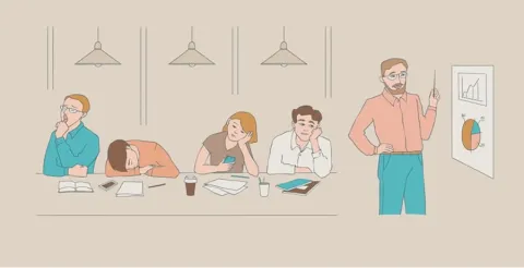 Illustrated image of disengaged team members at meeting table appearing bored and distracted while presenter points at chart